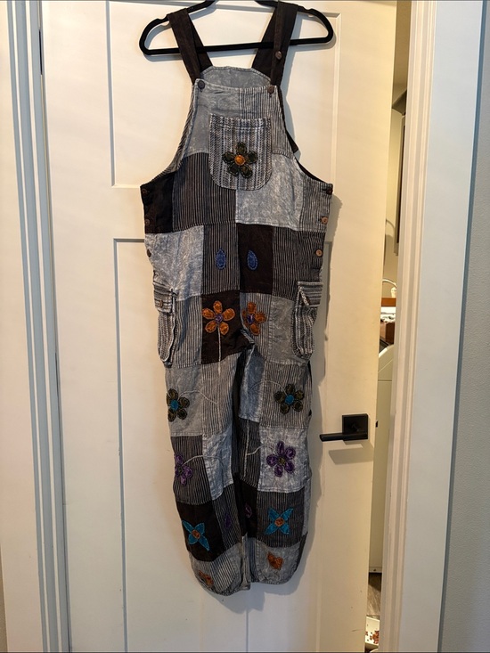 Rising International Pants - Womens Rising International - S - Patchwork Embroidered Overalls - Gray/Black
